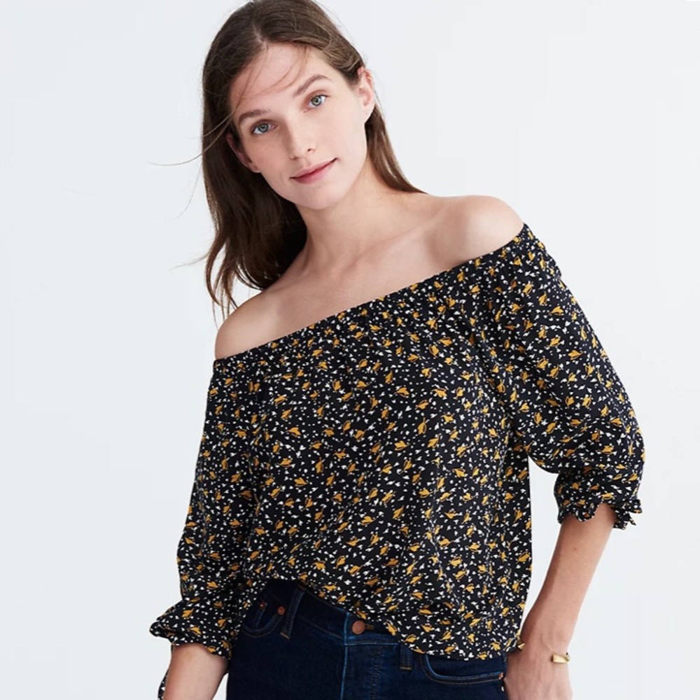 Off the shoulder black floral Madewell top - small
